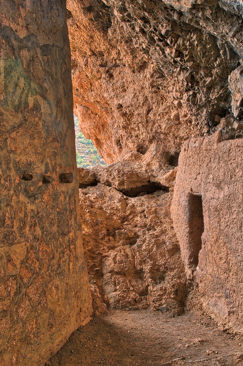 Looking down a passage within the Lower Tonto cliff dwelling near Roosevelt Lake, along the Apach Trail in Arizona.