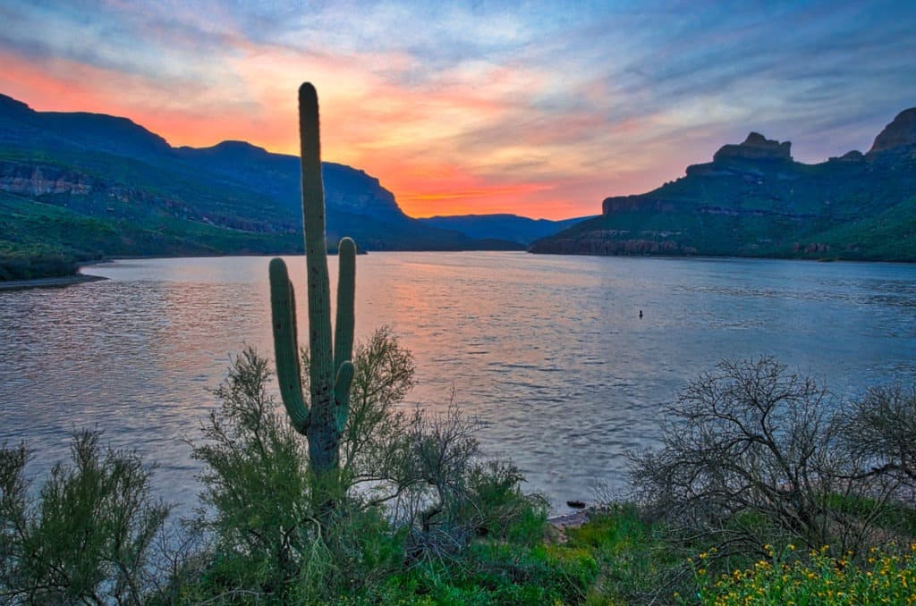 Sunset along the shore of Apache Lake, near Apache Lake Marina and Resort on the Apache trail in Arizona.
