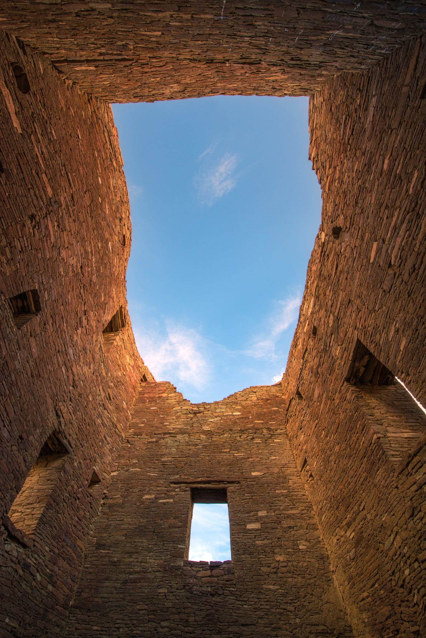 This is a view looking up through a multi-story tower in Pueblo Bonito in Chaco Canyon, New Mexico.