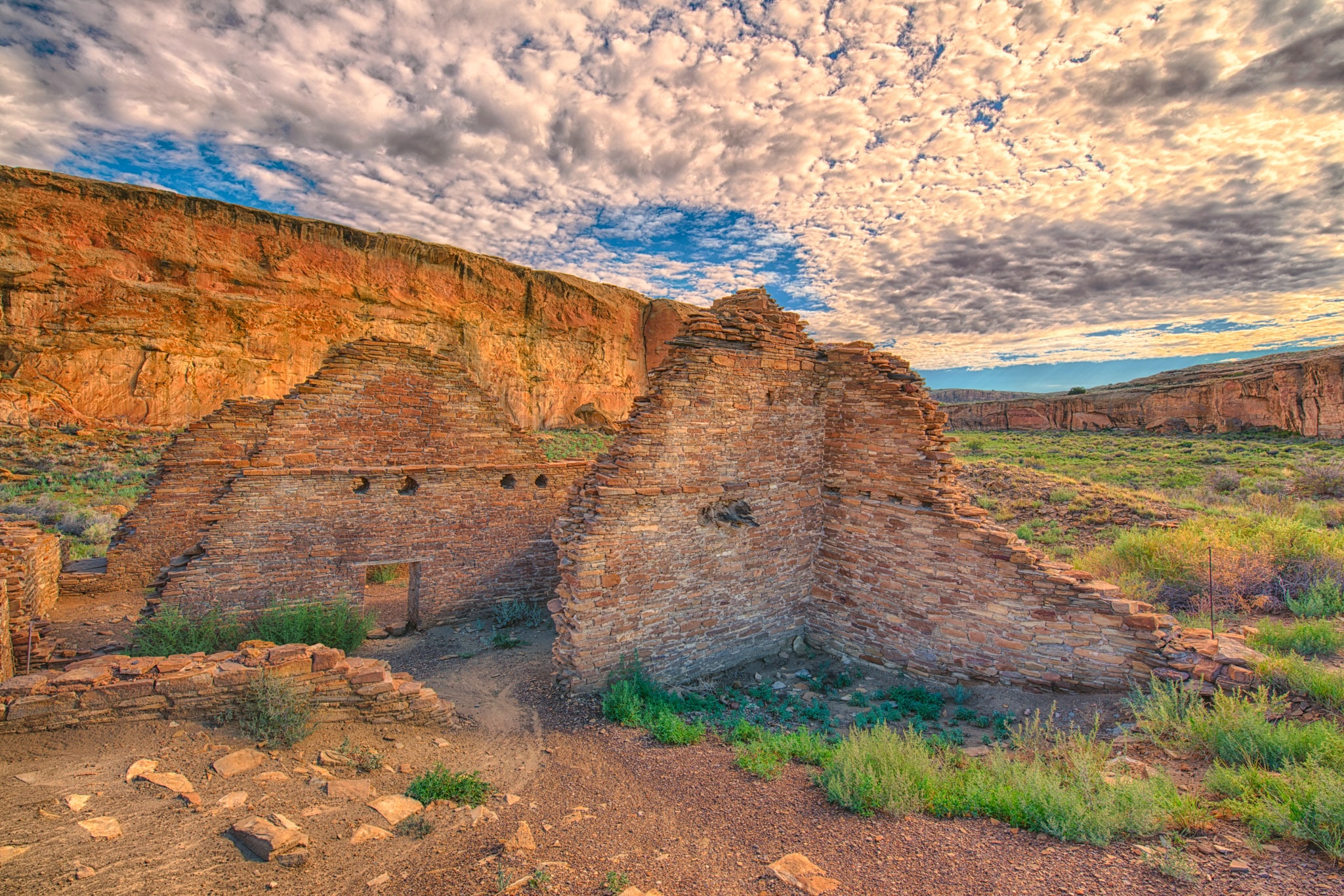 A view of Chetro Ketl ruins, looking east down Chaco Wash in Chaco Canyon, New Mexico.