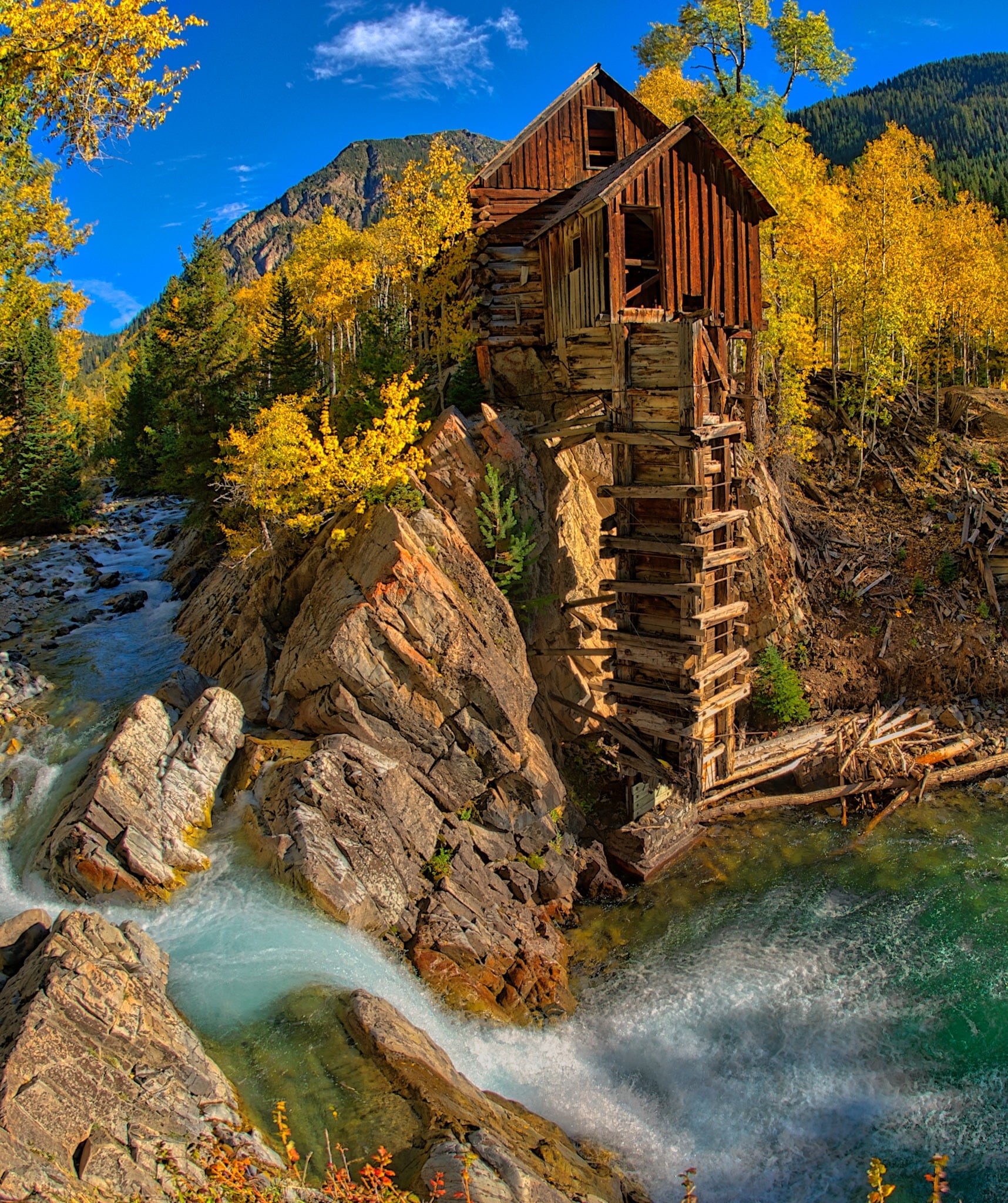 A view of the old Crystal Powerhouse along the Crystal River near Marble, Colorado.