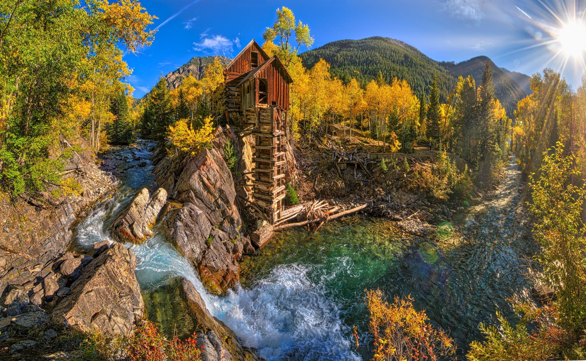 A panoramic view of the old Crystal Powerhouse along the Crystal River near Marble, Colorado.