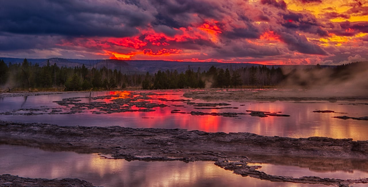 View of Great Fountain Geyser at sunset in Yellowstone National Park, Wyoming