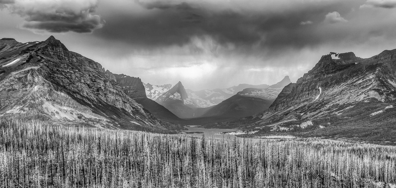 A view west from above St. Mary Lake at an approaching storm in Glacier National Park in Montana.