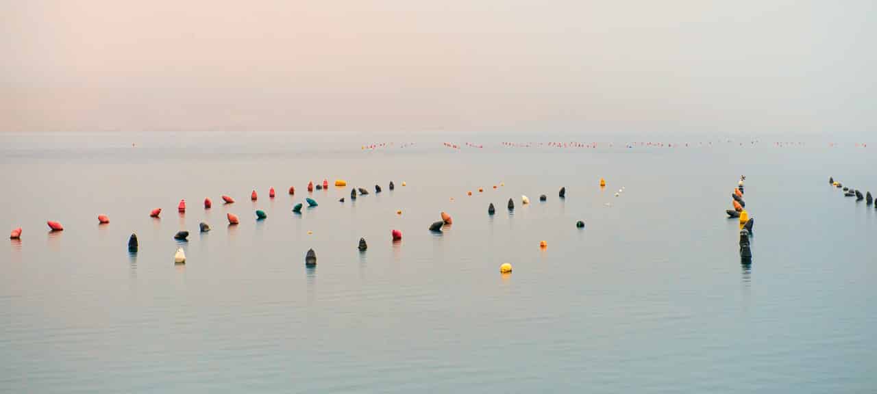 Mooring buoys along the coast near Seline in Zadar County, Croatia.