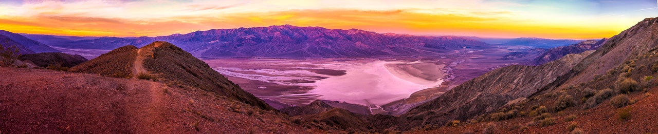 A panotamic view of Badwater Basin and the Panamint Range in the distance from Dante's View, in the Black Mountains, 13 miles southwest of Highway 190 in Death Valley National Park, California.