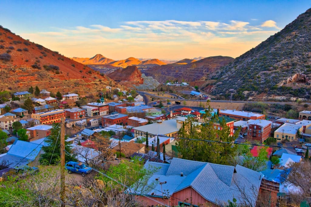 A view from one of the upper streets at sunset across Bisbee, Arizona, looking toward the Lavender Pit Mine.
