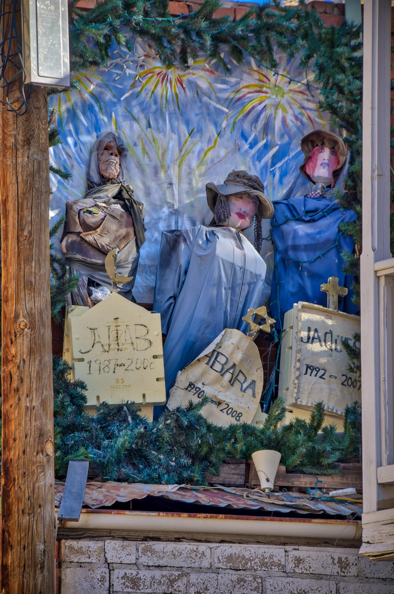 This rather odd window display could be interpreted as an homage to the many cultures that found their way to Bisbee during its boom times. Who knows?