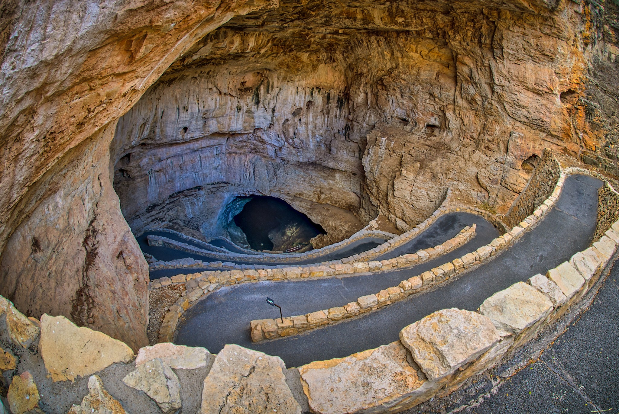 A view down the zig-zagging path to the natural entrance of Carlsbad Caverns in Carlsbad Caverns National Park, New Mexico.