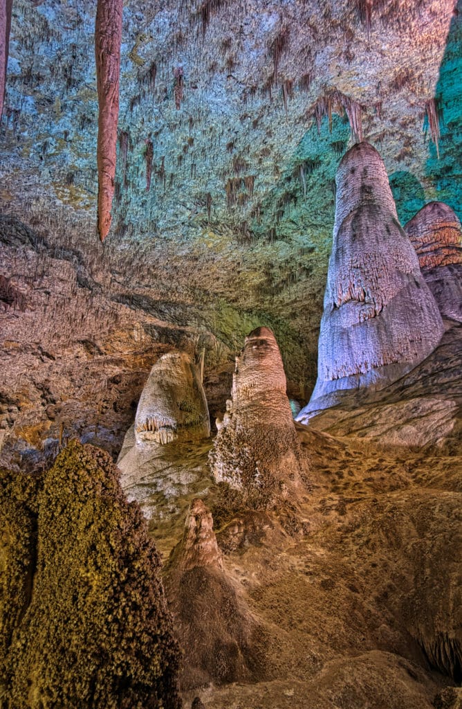 Theatrical lighting of many temperatures is used to light the many features in the Big Room of Carlsbad Caverns National Park in New Mexico. The result can be quite colorful.