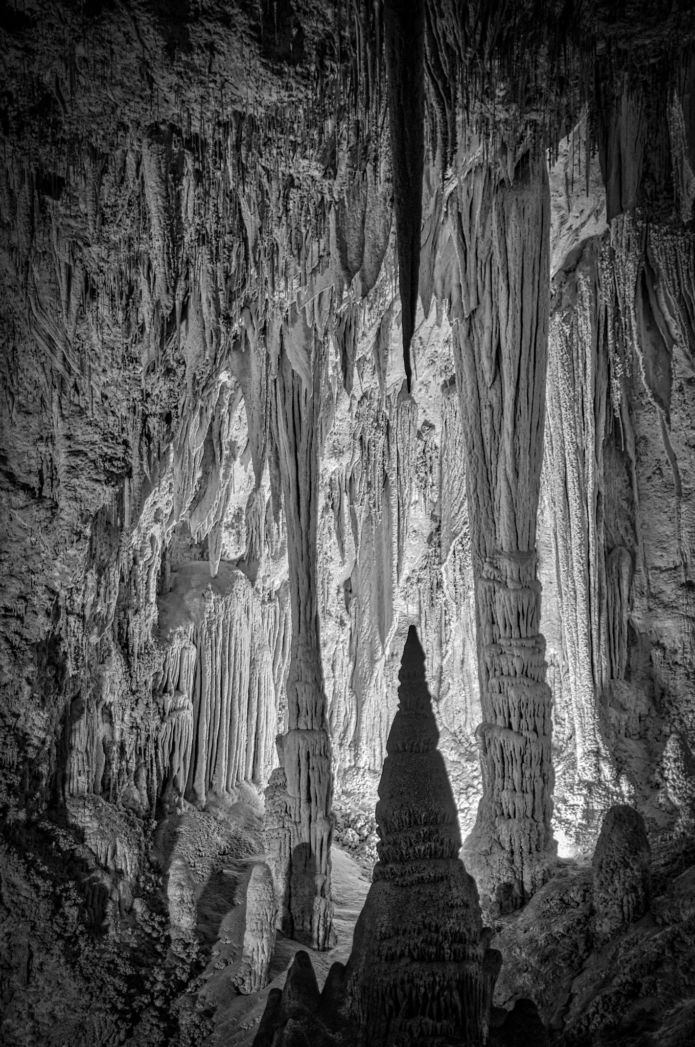 Stalactites, stalagmites, columns, drapery, and popcorn in an alcove in the Big Room area of Carlsbad Caverns National Park.