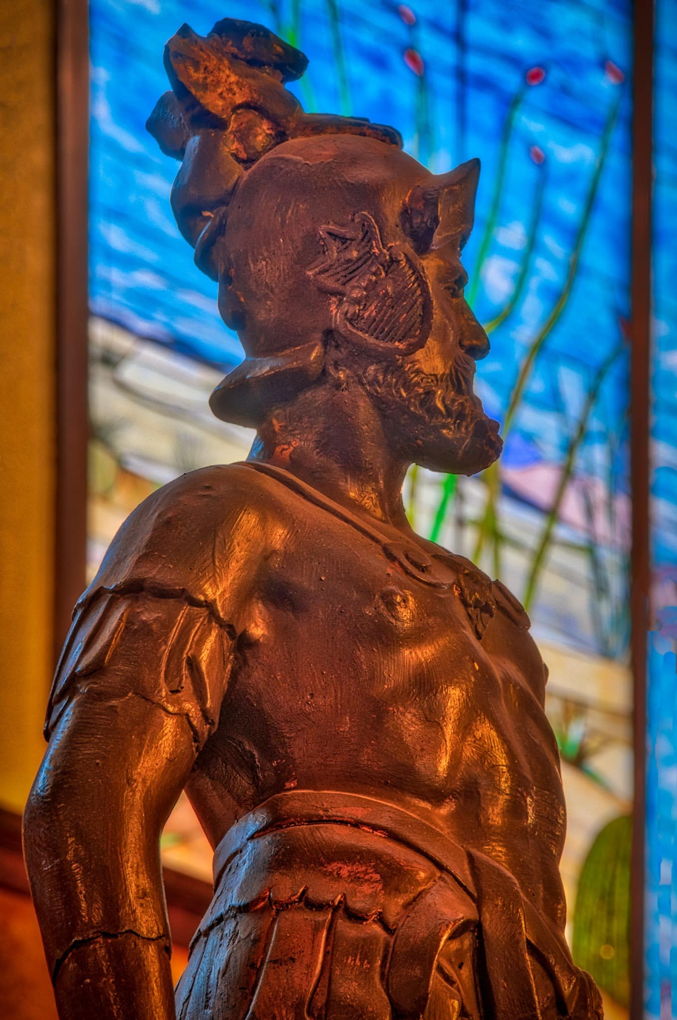 Close-up of a statue of a conquistador, in honor of the Gadsden Purchase, stands next to the grand staircase in the lobby of the Gadsden Hotel in Douglas, Arizona.