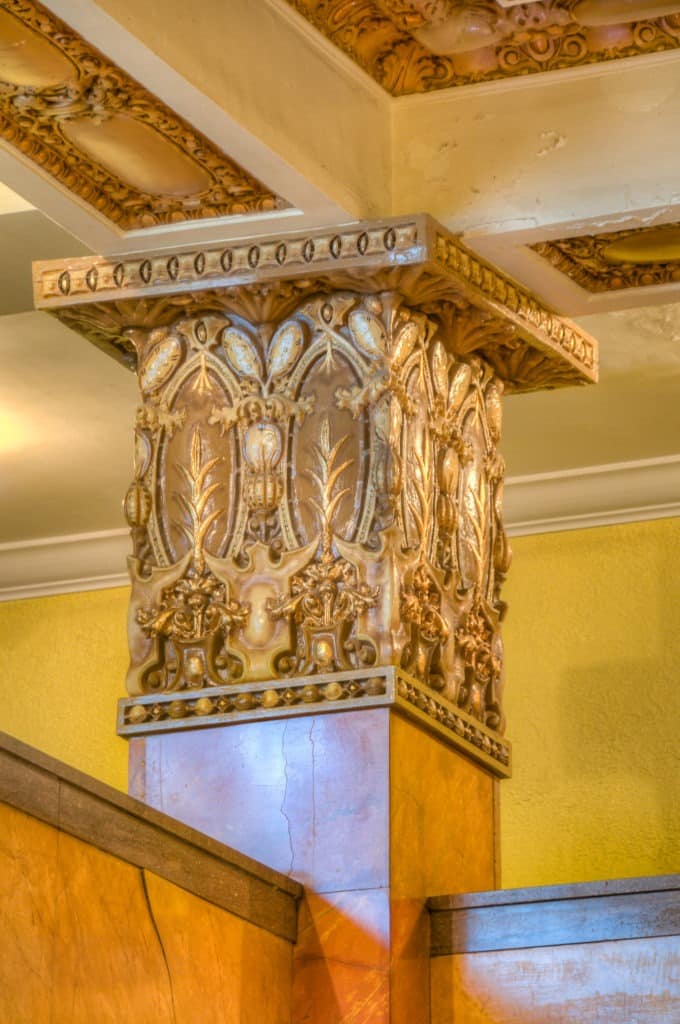 This gilded capitol atop one of the marble-clad columns is an interesting architectural detail in the lobby of the Gadsden Hotel in Douglas, Arizona.