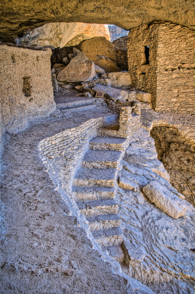 Stairway into one of the caves at Gila Cliff Dwellings National Monument in New Mexico. These steps were probably created or augmented during stabilization of the ruins.