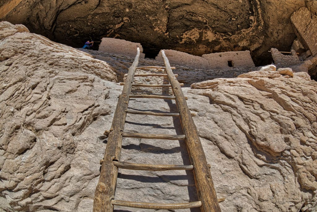 This ladder provides access to one of the cluster of buildings within Gila Cliff Dwellings National Monument near Silver City, New Mexico.