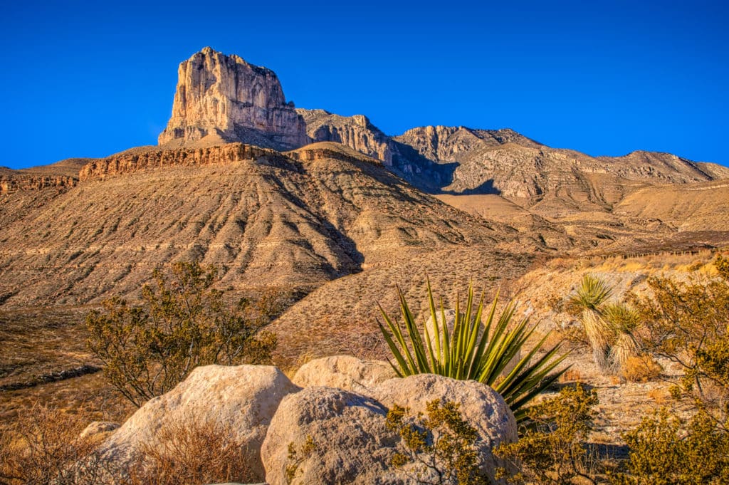 View of Guadalupe Peak in Guadalupe Mountains National Park in Texas, near Carlsbad Caverns National Park in New Mexico.
