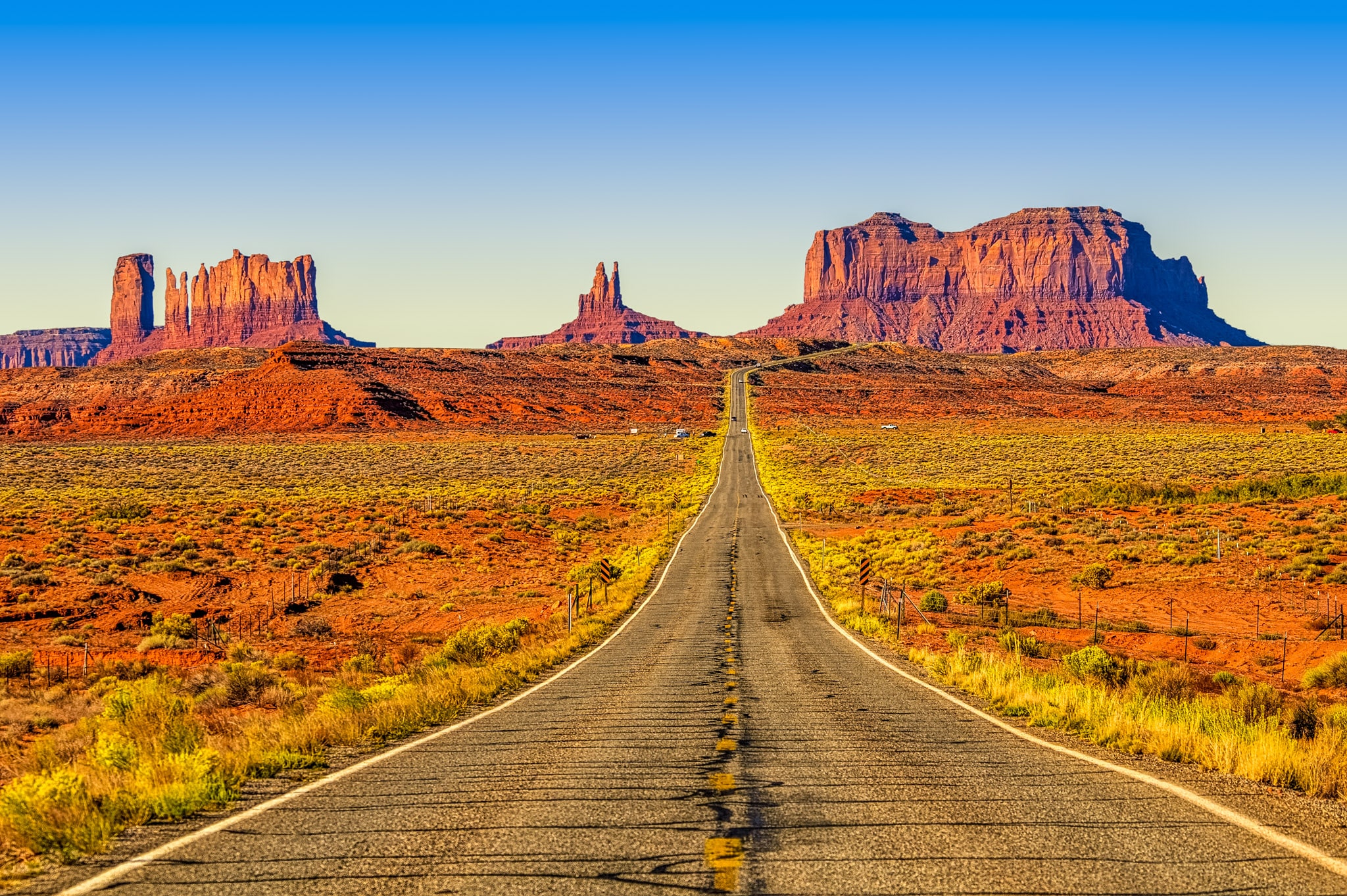 This is probably the most famous scene in southwest landscapes. It is the entrance road, Utah Highway 163, that takes you into Monument Valley Navajo Tribal Park. It has been made famous by numerous movies, such as John Ford's "Stagecoach."