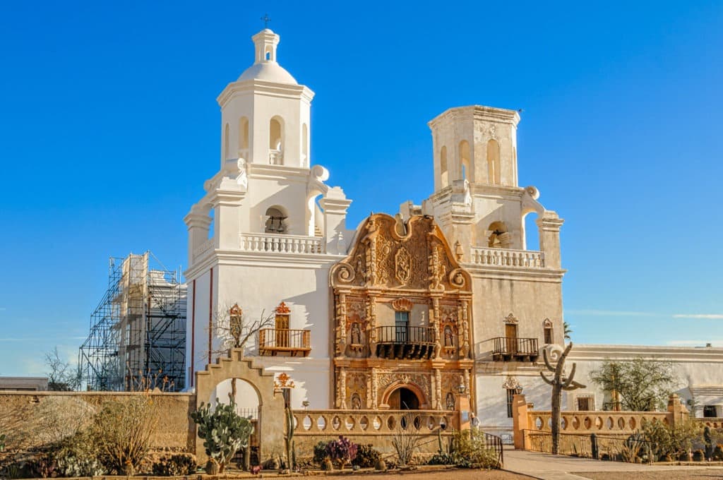 South face of San Xavier del Bac (White Dove of the Desert), located south of Tucson, Arizona.