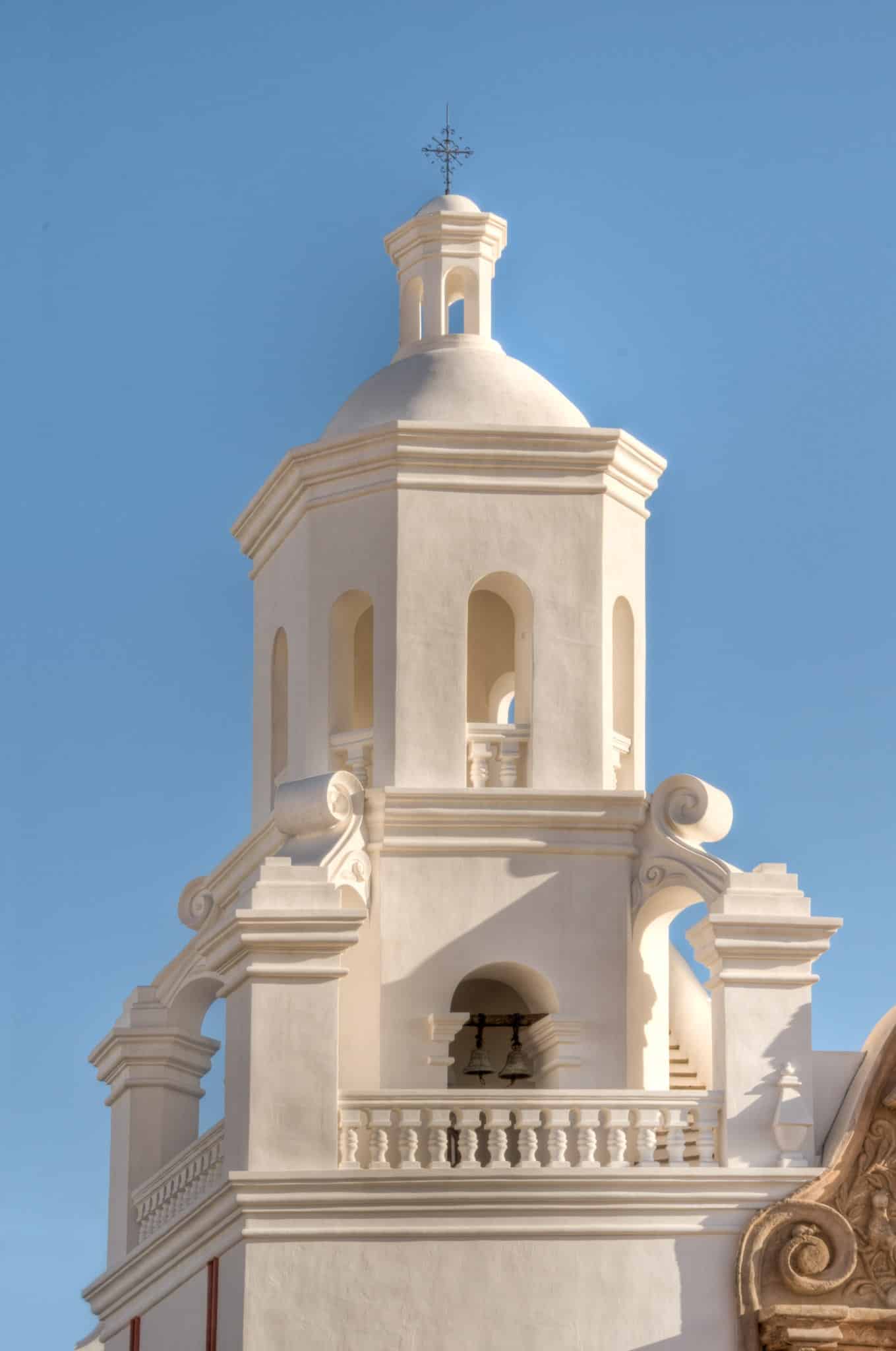 The West Tower as seen from the South face of San Xavier del Bac (White Dove of the Desert), located south of Tucson, Arizona.