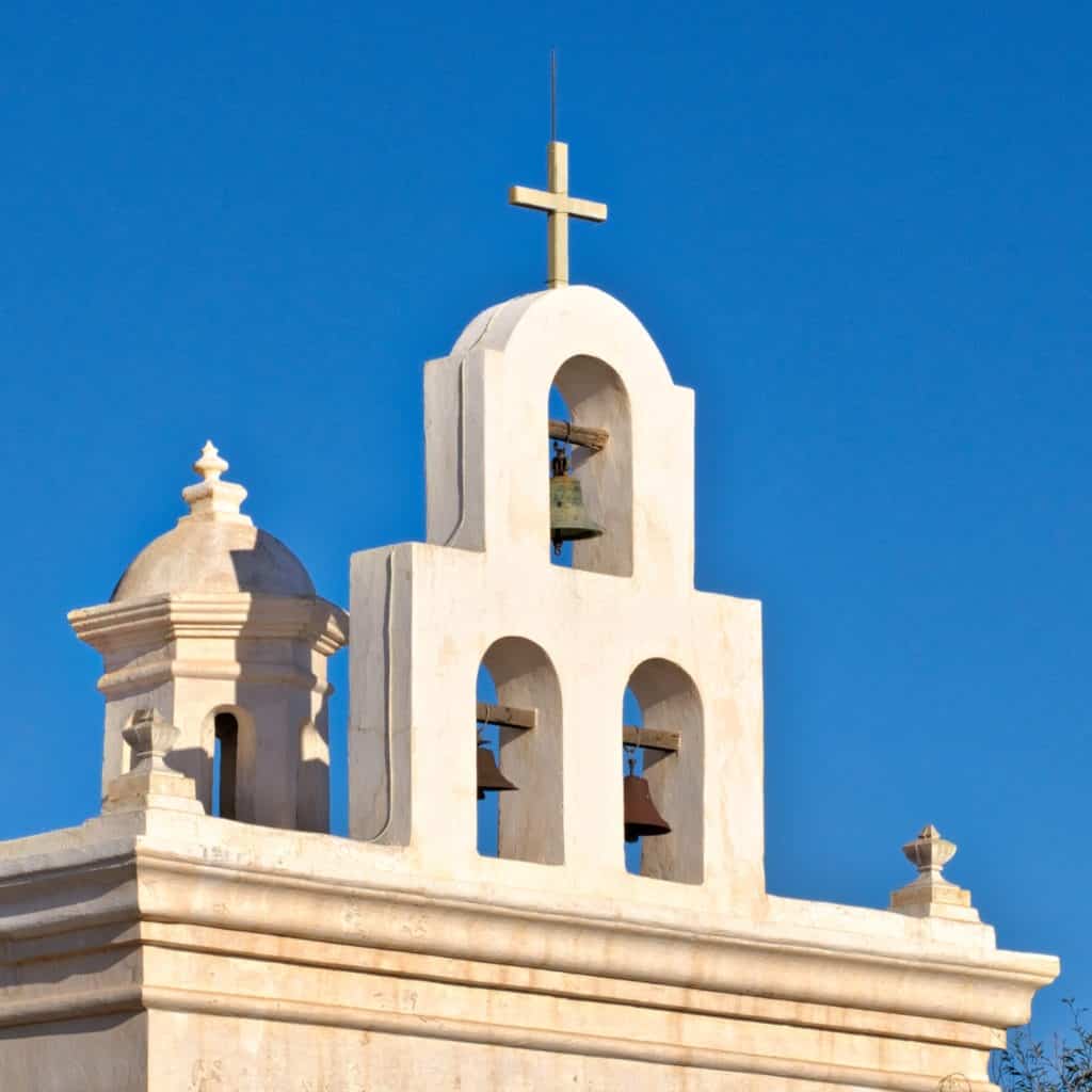 Bell Tower on the Mortuary Chapel at San Xavier del Bac (White Dove of the Desert), located south of Tucson, Arizona.