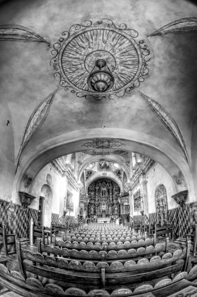 Interior of the sanctuary in San Xavier del Bac (White Dove of the Desert), located south of Tucson, Arizona. Taken from the Nave.