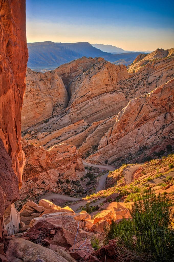 Looking back at the curvey Burr Trail as it cuts through the Waterpocket Fold in Capitol Reef National Park, Utah.