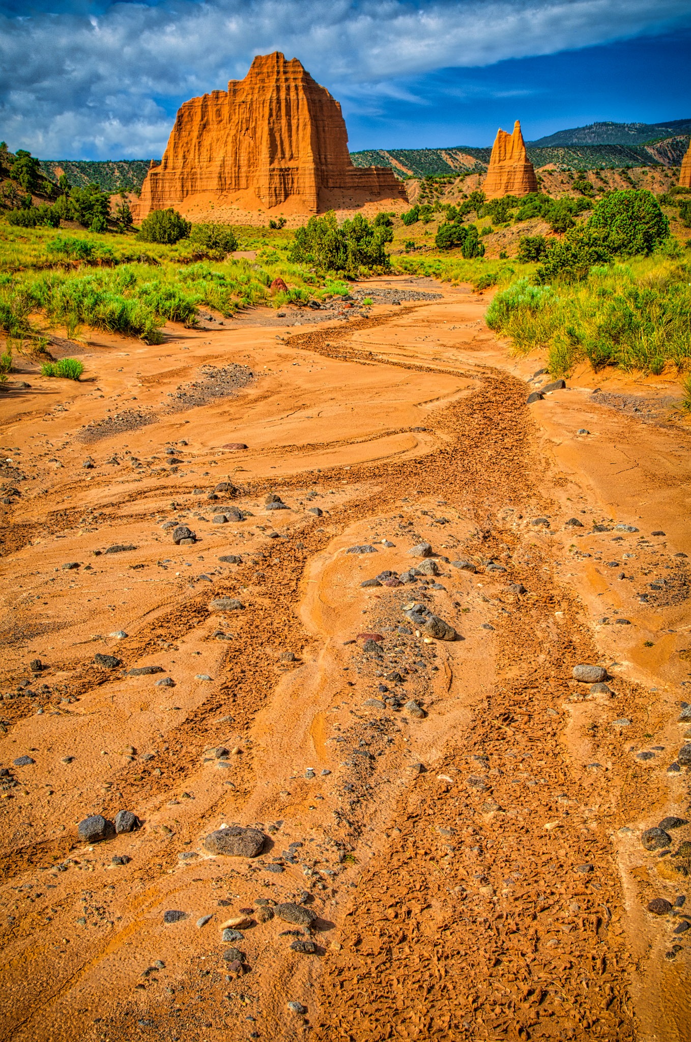 This is a view up a wash toward eroded Entrada "monuments" in Cathedral Valley, Capitol Reef National Park, Utah.