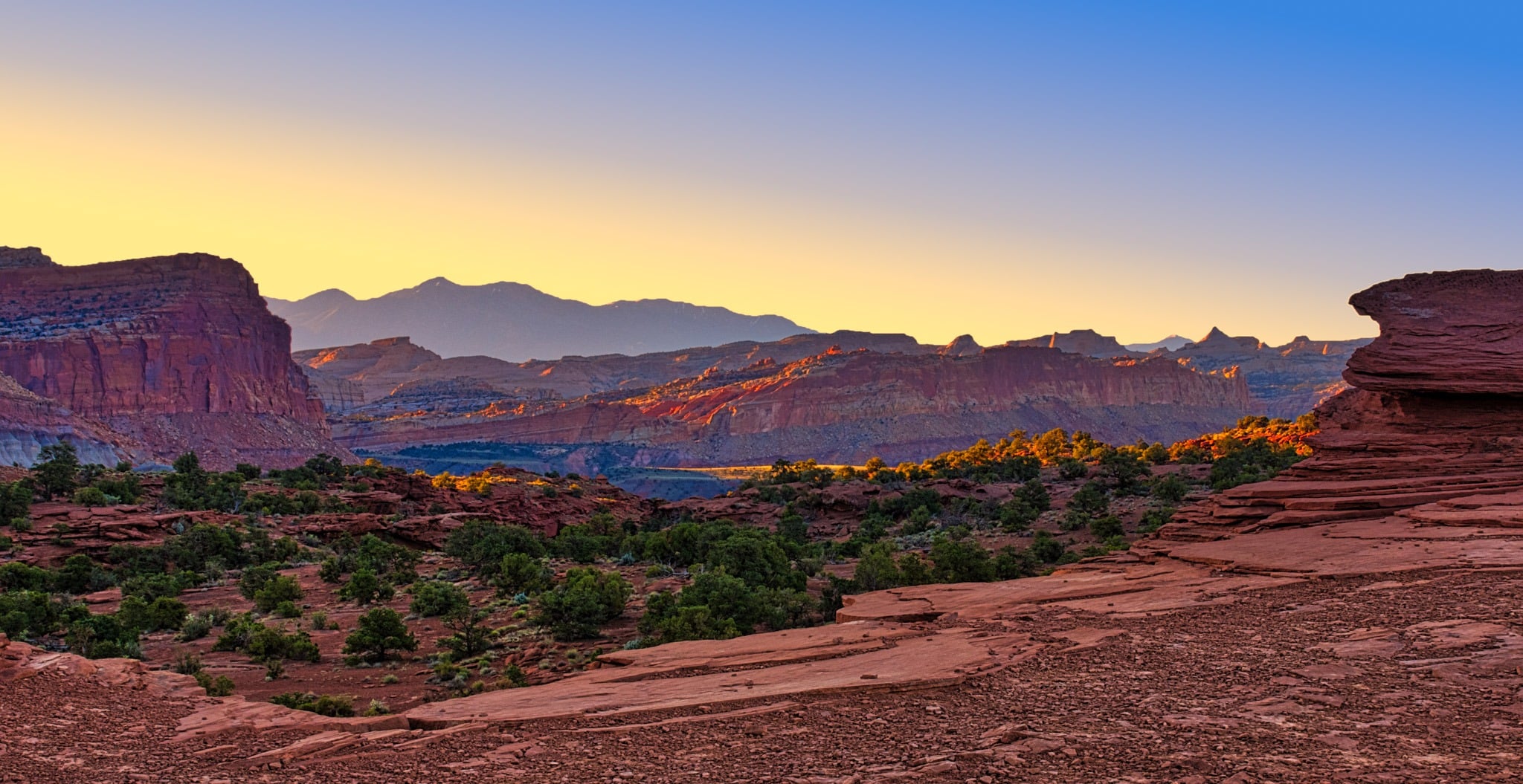 A view looking north toward Mummy Cliffs at sunrise, near Panorama Point in Capitol Reef National Park, Utah.