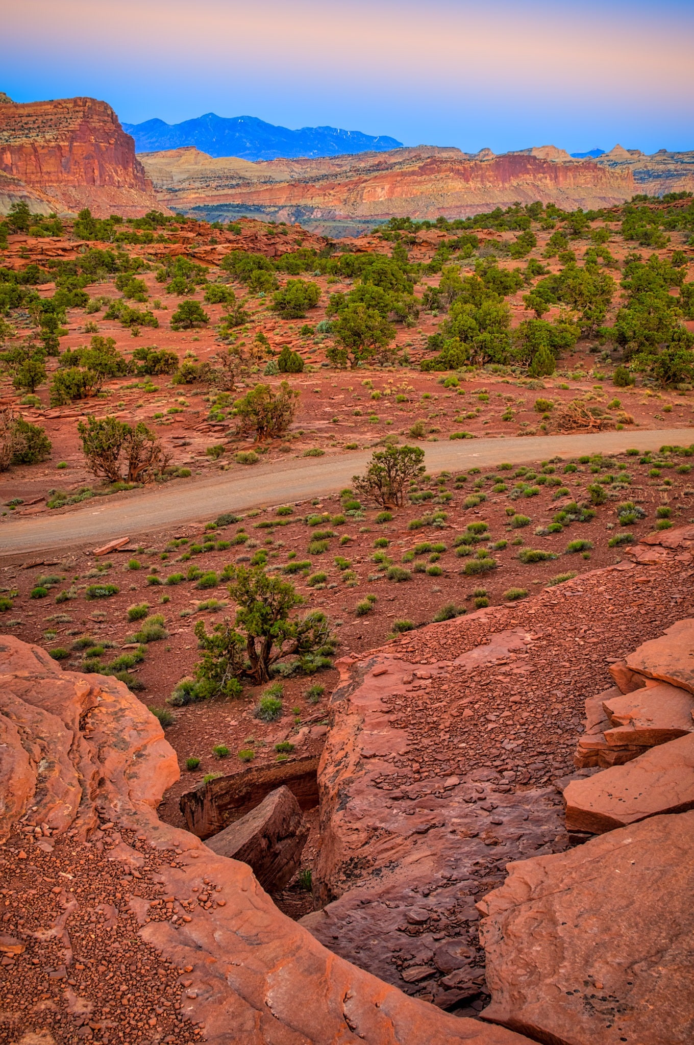 Twilight as seen from Panorama Point along Highway 24 in Capitol Reef National Park, Utah.