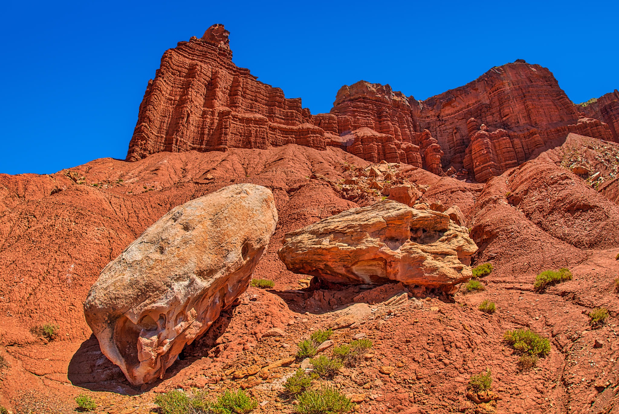 This is a view up at Chimney Rock from Utah State Route 24 in Capitol Reef National Park in Utah. The feature is eroded from the Moenkopi Formation and is capped with the Shinarump Member of the Moenkopi Formation.