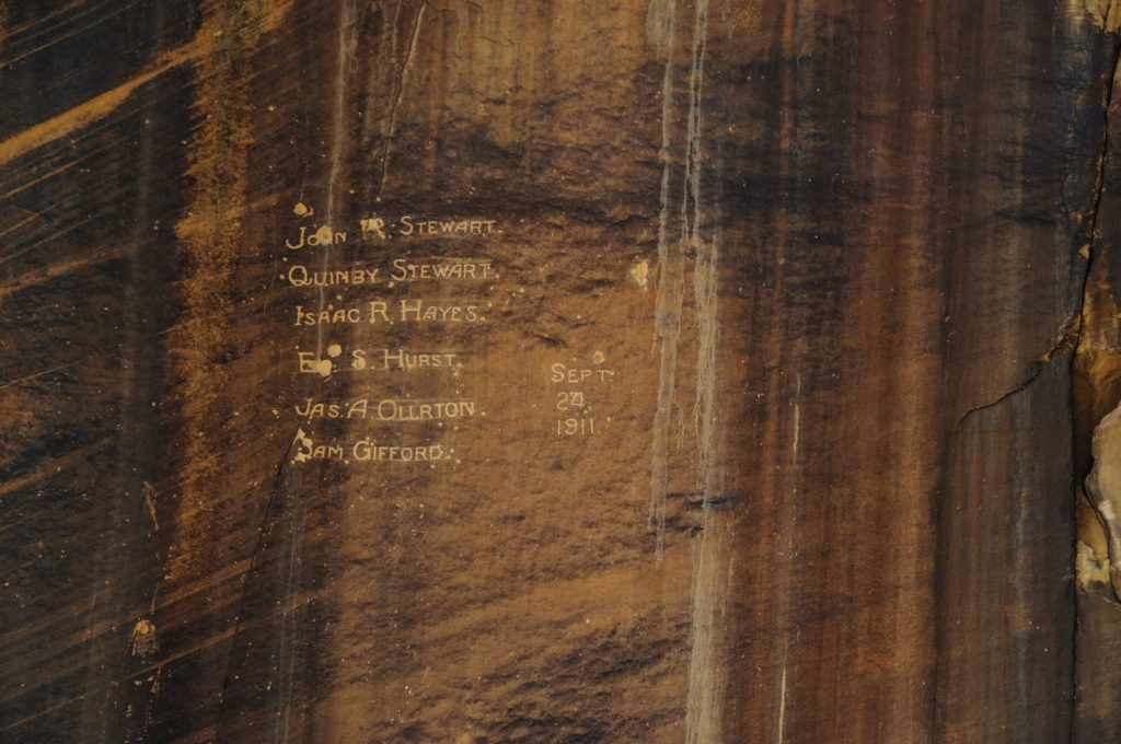 Along the Capitol Gorge Trail in Capitol Reef National Park is a set of six carved names. They are surveyors who helped plan and construct the Capitol Gorge Road.