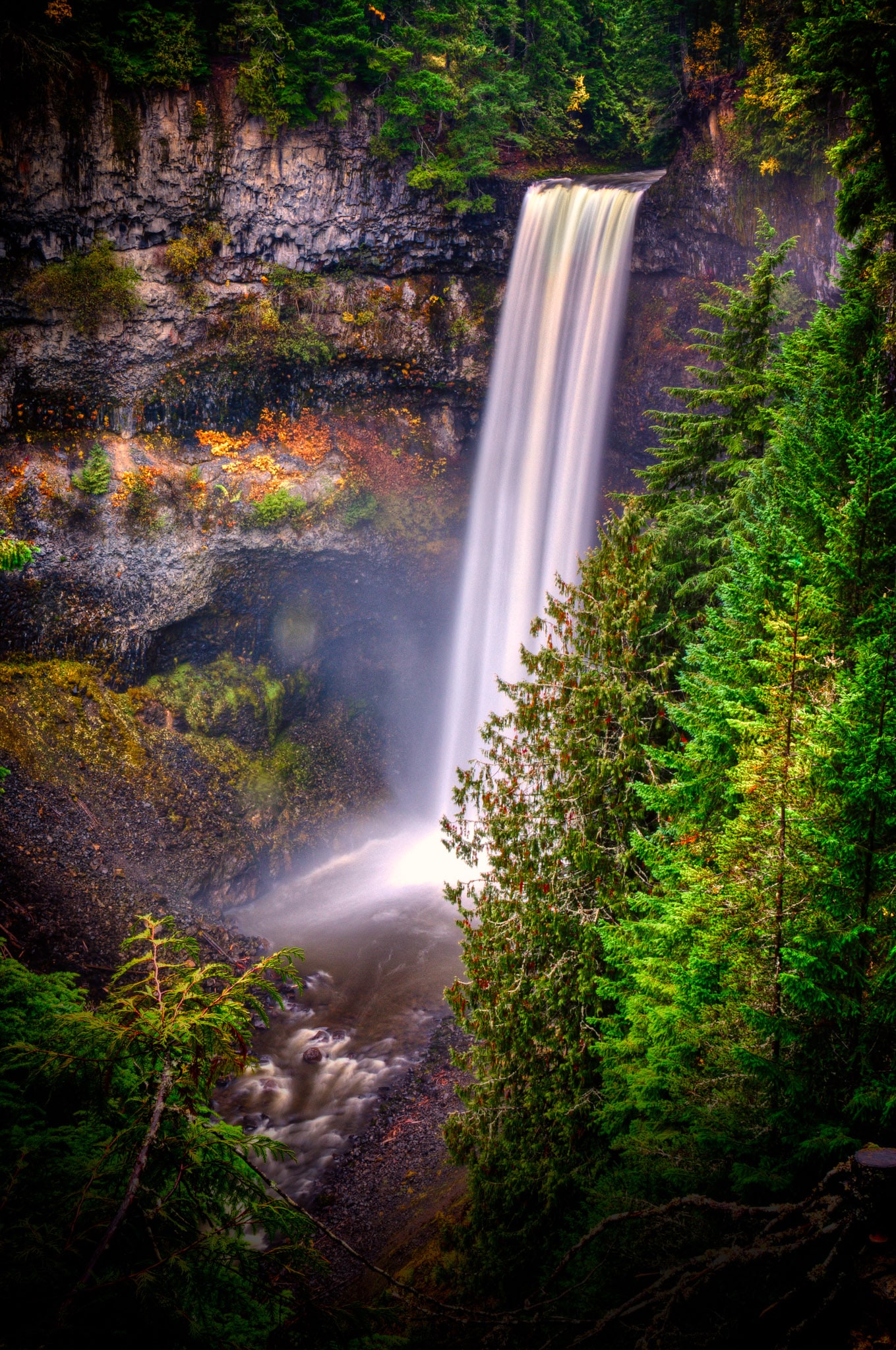 A misty and mysterious view of Brandywine Falls in Brandywine Falls Provincial Park off the Sea-to-Sky Highway along the coast of British Columbia, Canada.