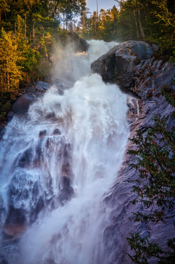 A view of Upper Shannon Falls in Shannon Falls Provincial Park off the Sea-to-sky Highway along the coast of British Columbia.