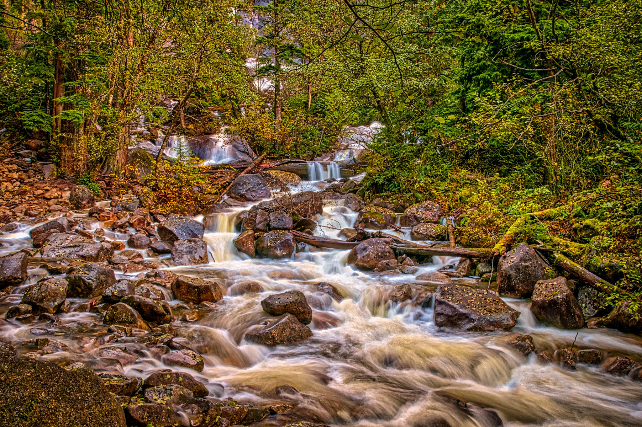 A view of the cascades along Shannon Creek, fed by Lukas Falls, in Shannon Falls Provincial Park along the Sea-to-Sky Highway along the British Columbia coast in Canada.