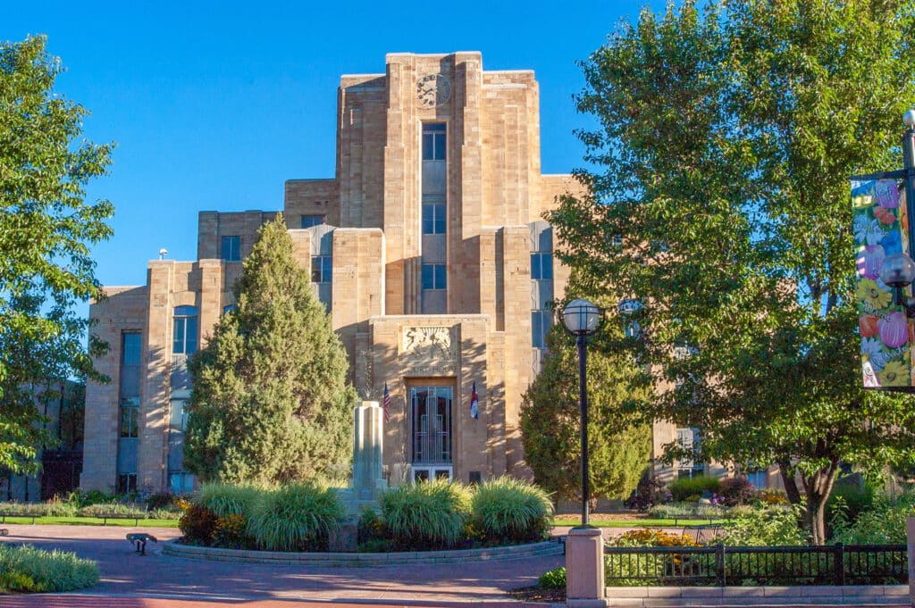 The Art Deco-styled Boulder County Courthouse is the centerpiece of downtown Boulder, Colorado.