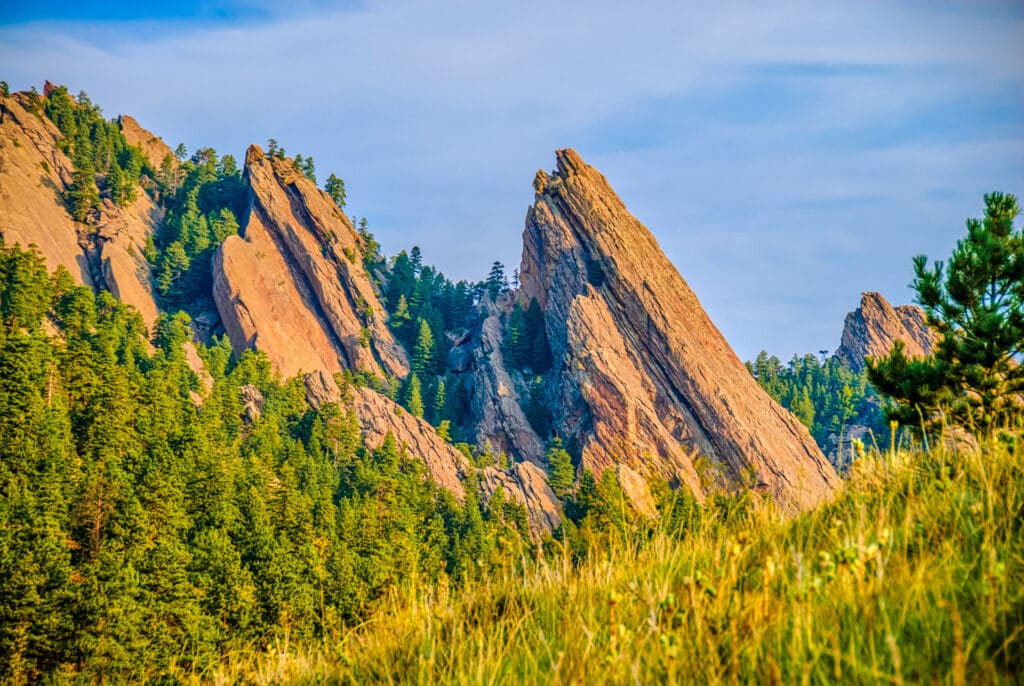 A southeast view of the Boulder, Colorado, Flatirons taken from the South Mesa Trail near NCAR.