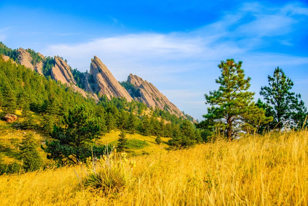 A southeast view of the Boulder, Colorado, Flatirons taken from the South Mesa Trail near NCAR.