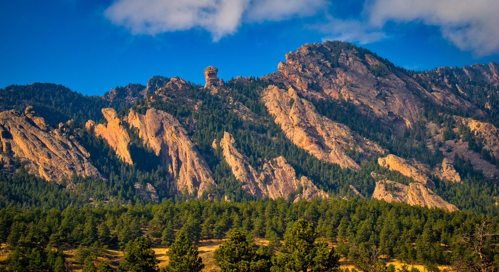 This is a view of the rock formation called the Devils thumb that is located in the foothills on the west side of Boulder, Colorado.