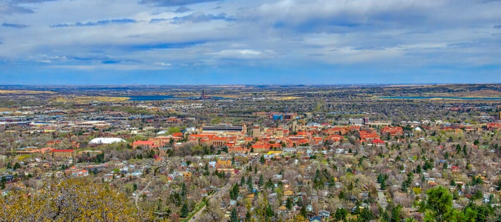 This panoramic view of the University of Colorado campus was taken from Flagstaff Road in Boulder, Colorado.
