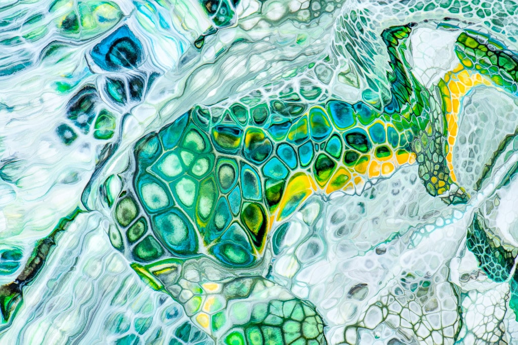 Abstract patterns made by mixing acrylic paints and fluorescent paint with oil and silicone, then photographing the results.