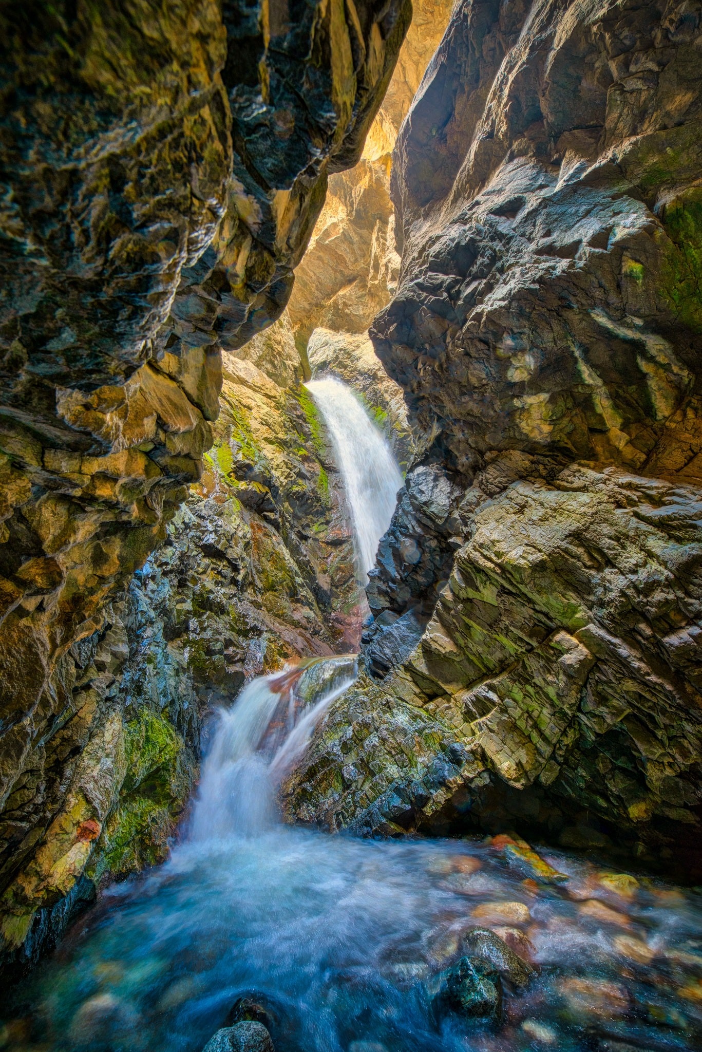Zapata Falls cuts through a narrow gorge from high in the Sangre de Cristo mountains outside the Great Sand Dunes National Park and Preserve near Alamosa, Colorado.