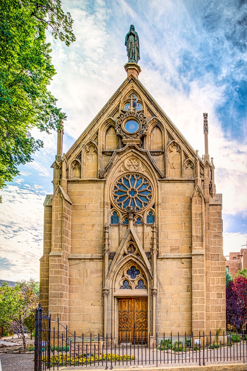 This is the front elevation of Loretto Chapel, taken from the Old Santa Fe Trail in Santa Fe, New Mexico.