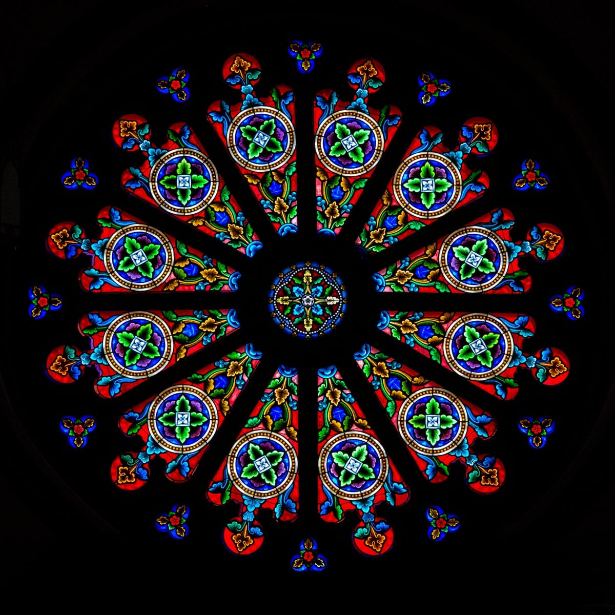 The large rose window, located in the narthex (or entrance) of the church, was imported from Clermont-Ferrand in France in the mid- to late-1800s.