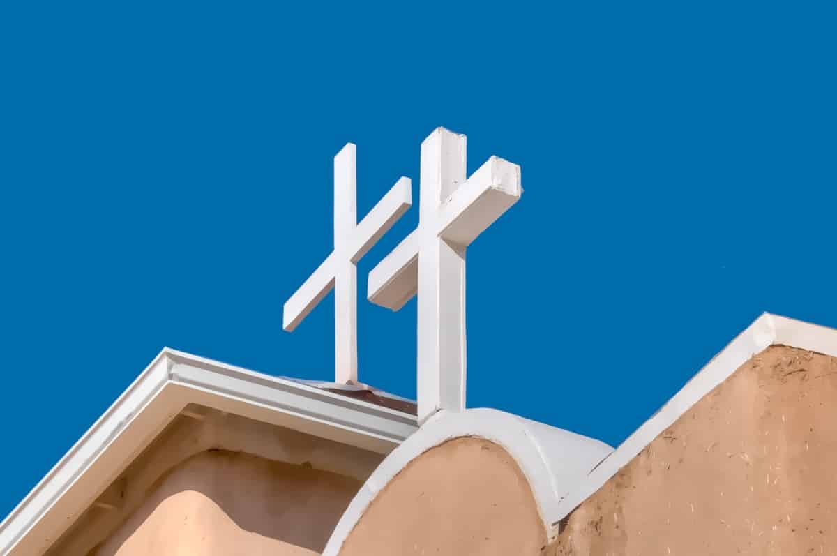 A detail of the crosses on the roof of the San Francisco de Asis Mission Church in Ranchos de Taos, New Mexico.