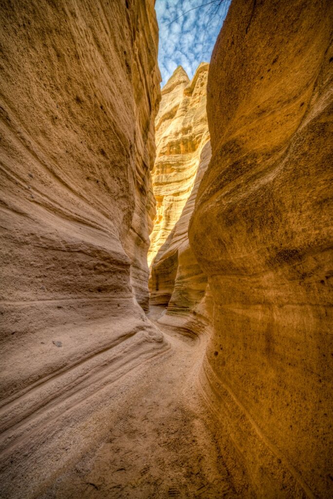 One of the trails through Kasha-Katuwe Tent Rocks National Monument, New Mexico, leads through many slot canyons.