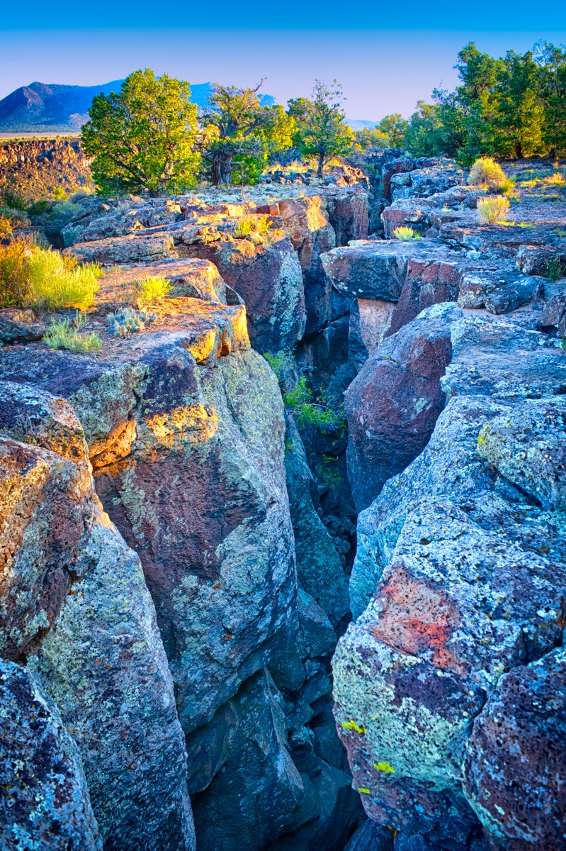 An early morning view into a pressure crack along the Rio Grande gorge in Three Rivers Recreation Area in northern New Mexico.