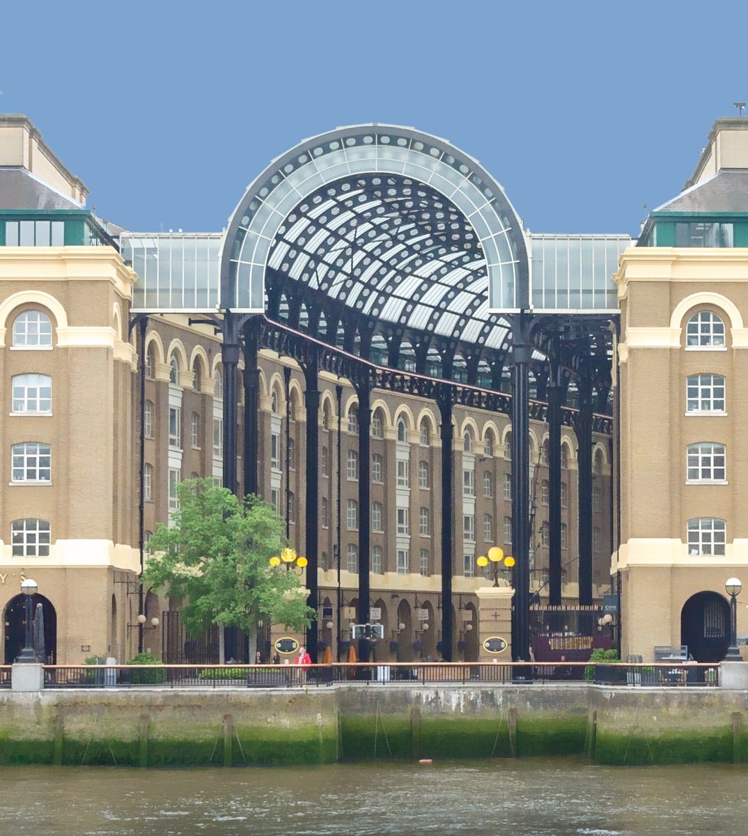 This is a view of the Hay's Galleria facade on the south bank of the Thames River, across from the City of London.