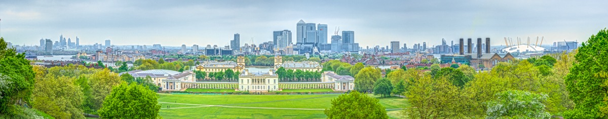 This panoramic view taken from the Prime Meridian, near the statue of General James Wolff shows the Queens House, Greenwich University and a large portion of the London skyline across the Thames.