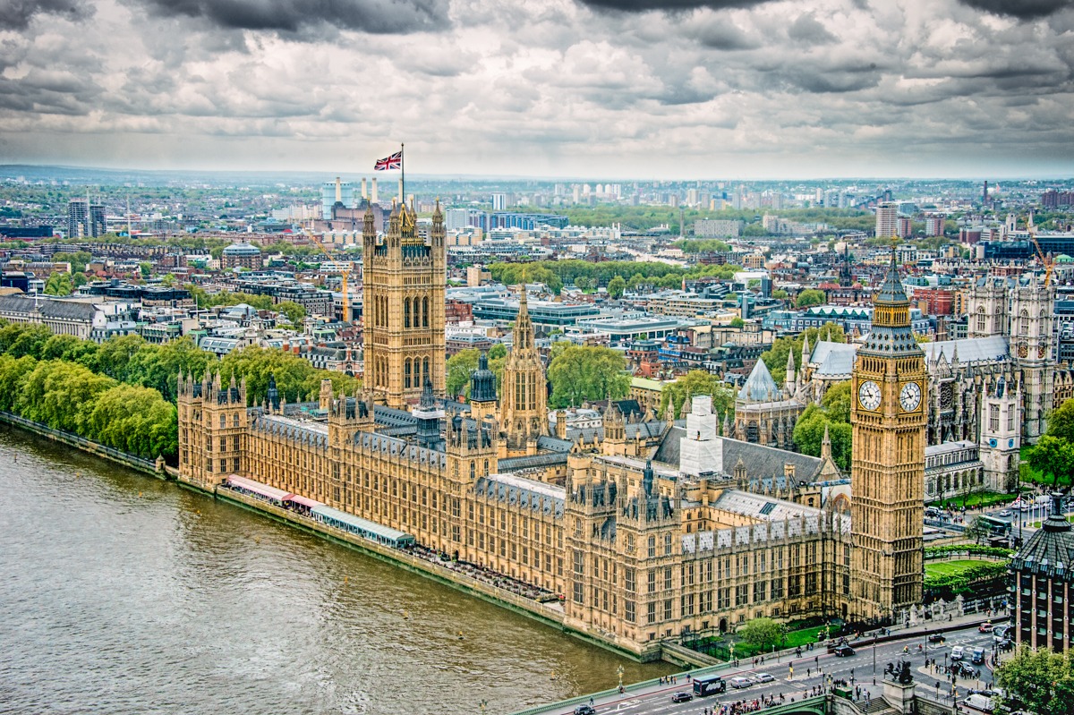 This view of the Palance of Westminster and Westminster Abbey was taken for atop the London Eye.