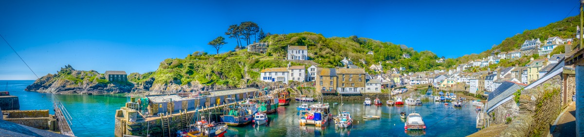 This is a panoramic view of the south side of Polperro Harbor taken from the Warren in Polperro, Cornwall, England.